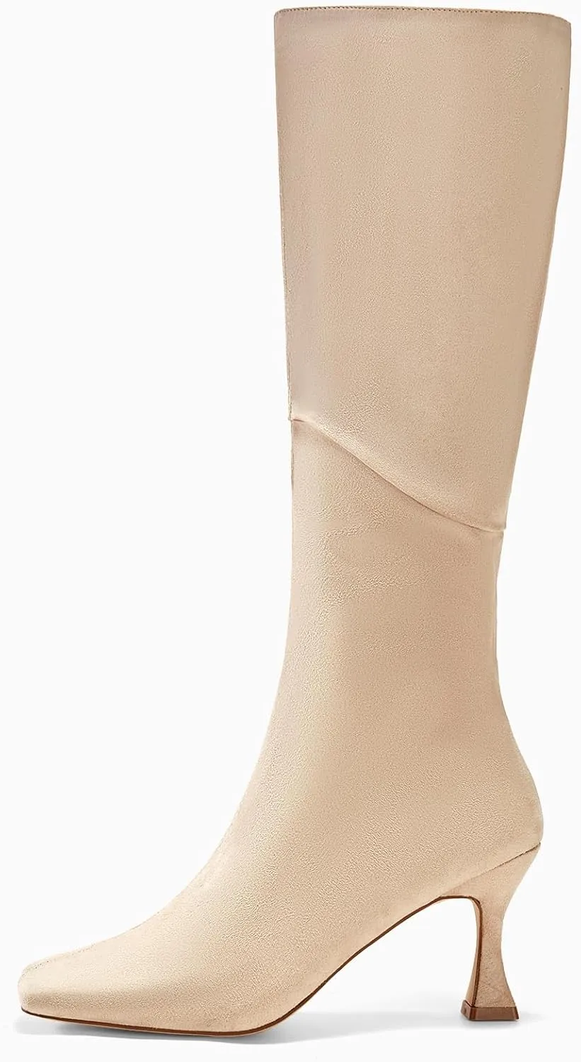 Coutgo Womens Kitten Heel Knee High Boots Wide Calf Square Toe Leather Boot Shoes with Zipper
