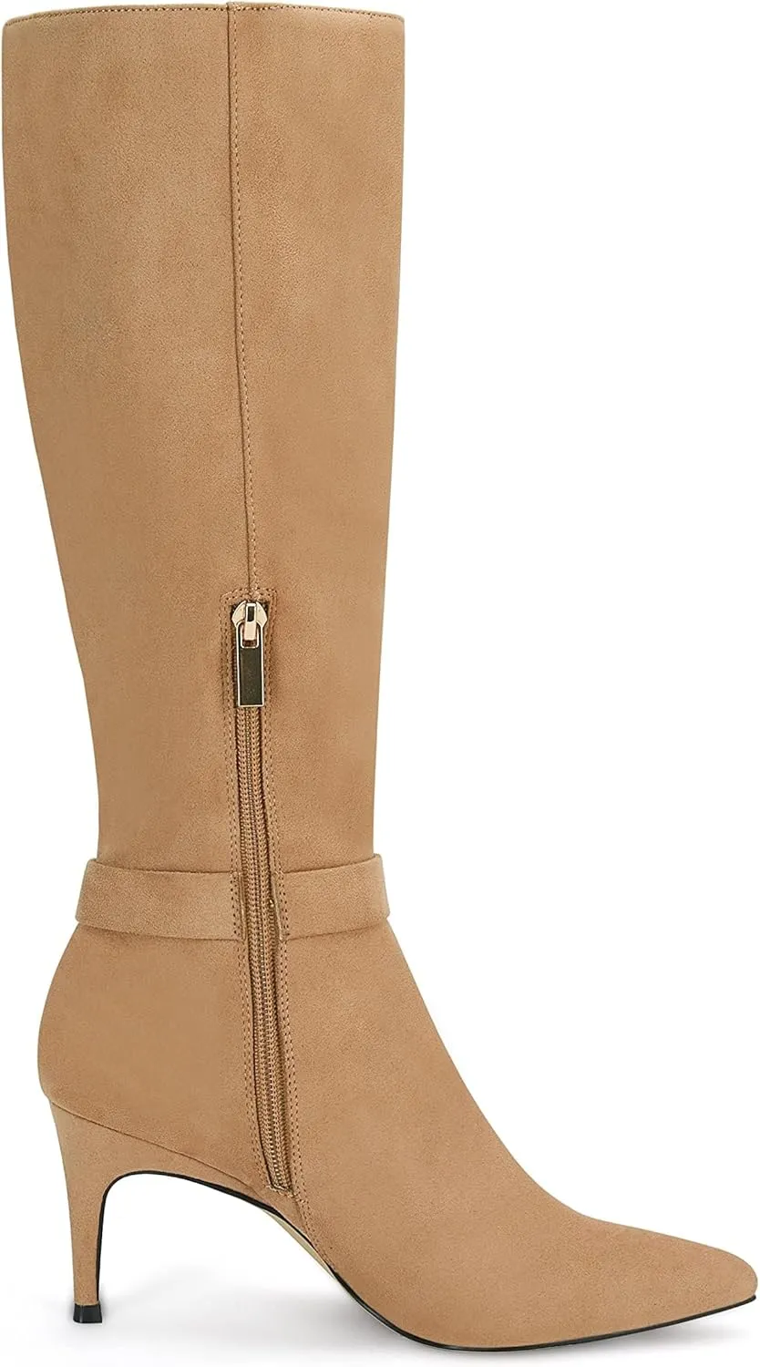 Coutgo Womens Knee High Boots Stiletto Heels Suede Pointed Toe Wide Calf Metal Buckle Side Zipper Winter Boots