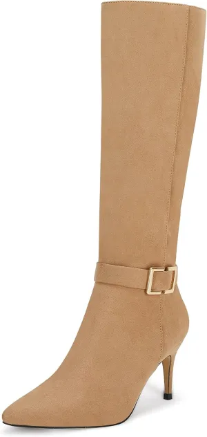 Coutgo Womens Knee High Boots Stiletto Heels Suede Pointed Toe Wide Calf Metal Buckle Side Zipper Winter Boots