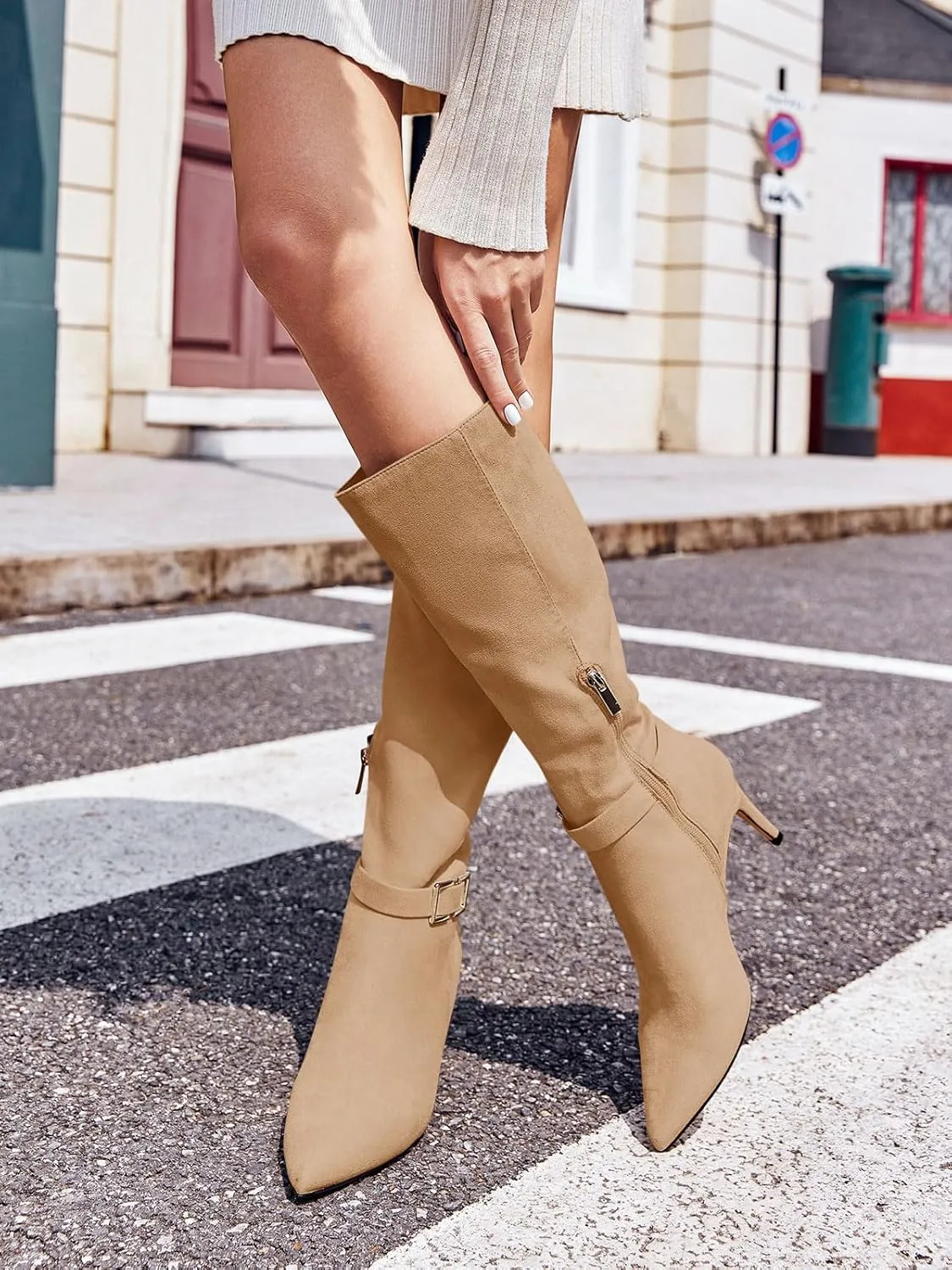 Coutgo Womens Knee High Boots Stiletto Heels Suede Pointed Toe Wide Calf Metal Buckle Side Zipper Winter Boots