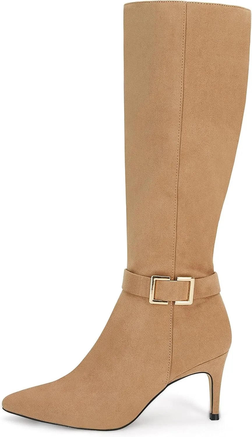 Coutgo Womens Knee High Boots Stiletto Heels Suede Pointed Toe Wide Calf Metal Buckle Side Zipper Winter Boots