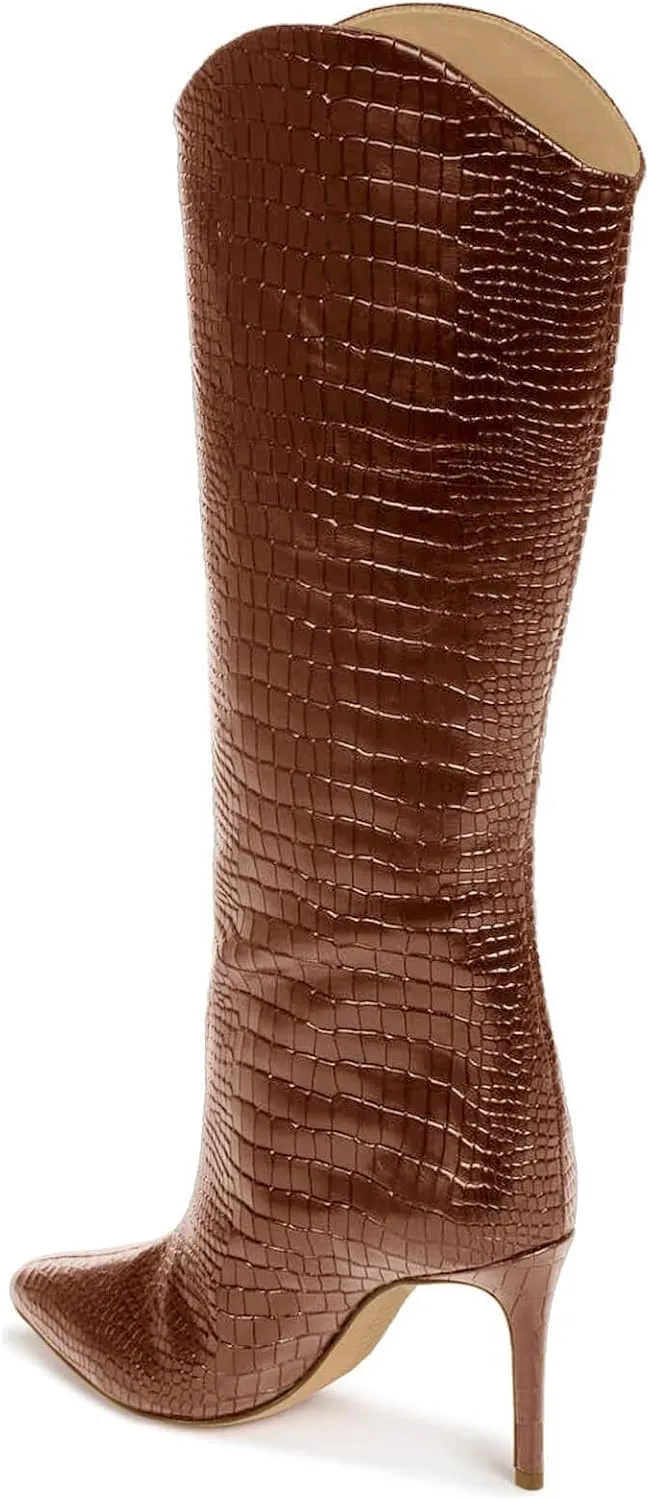 Coutgo Womens Knee High Boots Stiletto High Heels Pointed Toe Faux Crocodile Tall Boots Fall Winter Shoes