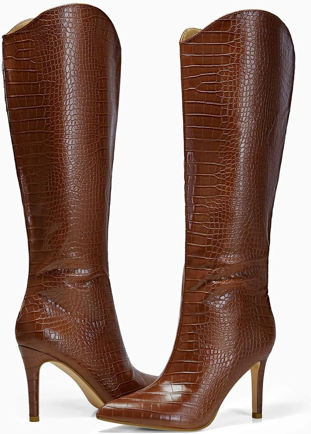Coutgo Womens Knee High Boots Stiletto High Heels Pointed Toe Faux Crocodile Tall Boots Fall Winter Shoes