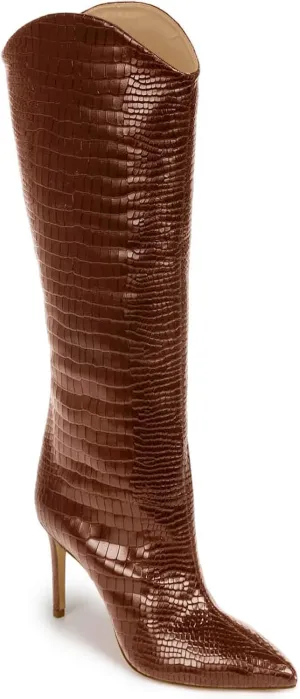 Coutgo Womens Knee High Boots Stiletto High Heels Pointed Toe Faux Crocodile Tall Boots Fall Winter Shoes