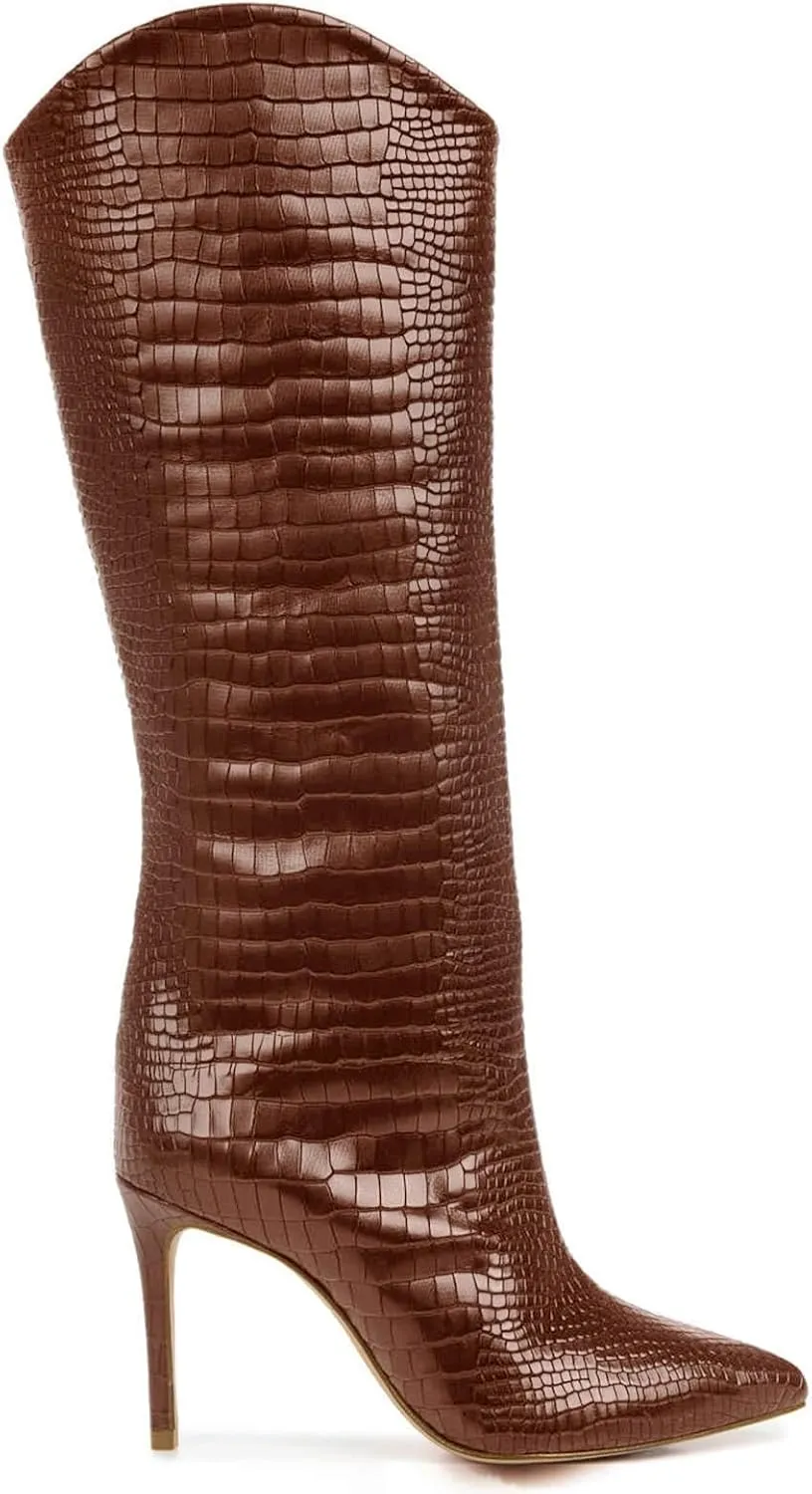 Coutgo Womens Knee High Boots Stiletto High Heels Pointed Toe Faux Crocodile Tall Boots Fall Winter Shoes