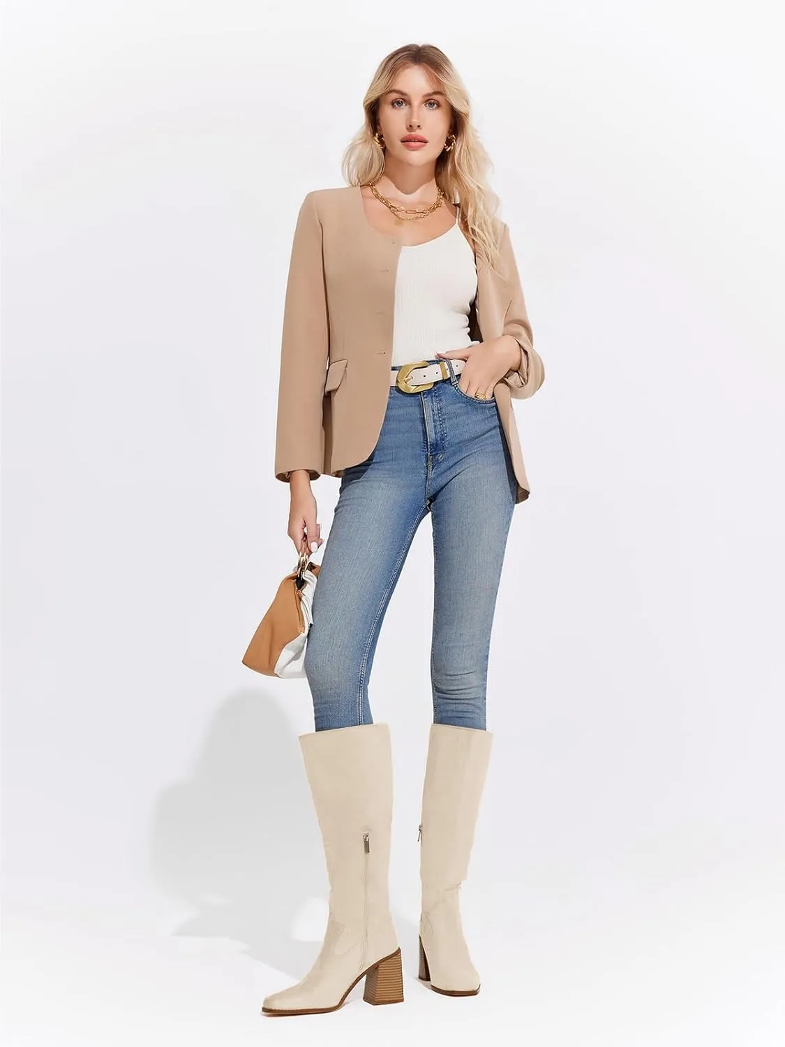 Coutgo Women's Knee High Boots Wide Calf Square Toe Chunky Heeled Pull-on Boot