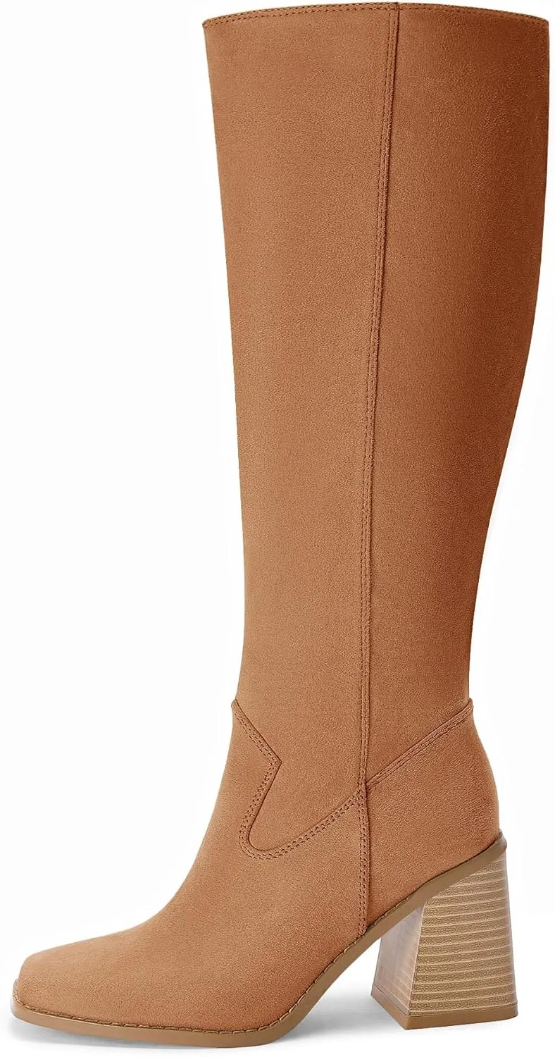 Coutgo Women's Knee High Boots Wide Calf Square Toe Chunky Heeled Pull-on Boot