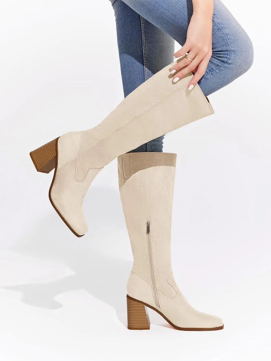 Coutgo Women's Knee High Boots Wide Calf Square Toe Chunky Heeled Pull-on Boot