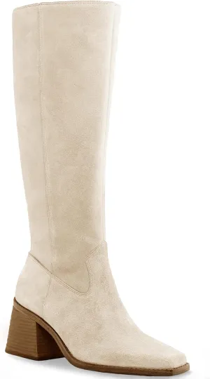 Coutgo Women's Knee High Boots Wide Calf Square Toe Chunky Heeled Pull-on Boot