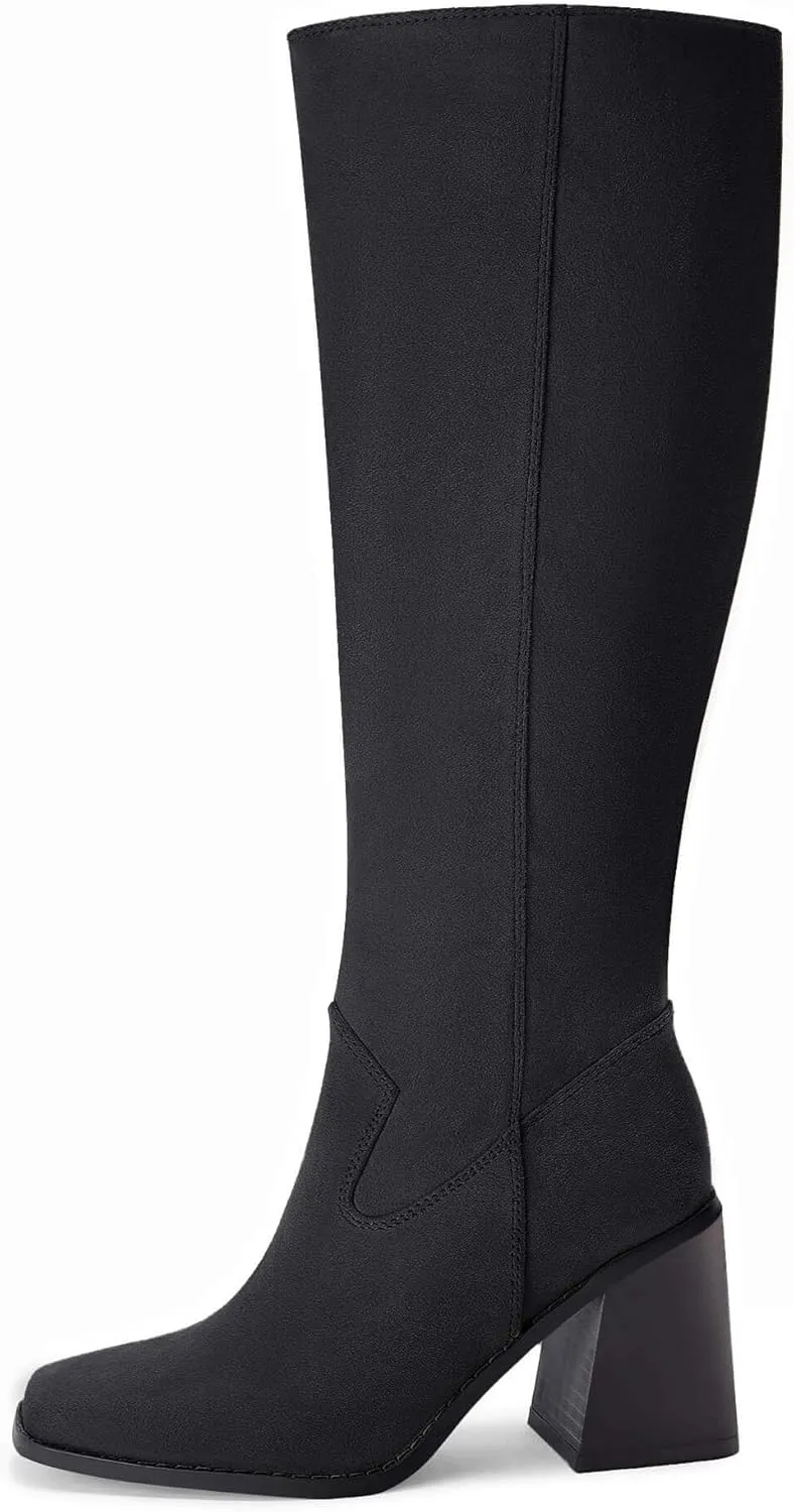 Coutgo Women's Knee High Boots Wide Calf Square Toe Chunky Heeled Pull-on Boot