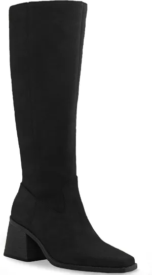 Coutgo Women's Knee High Boots Wide Calf Square Toe Chunky Heeled Pull-on Boot