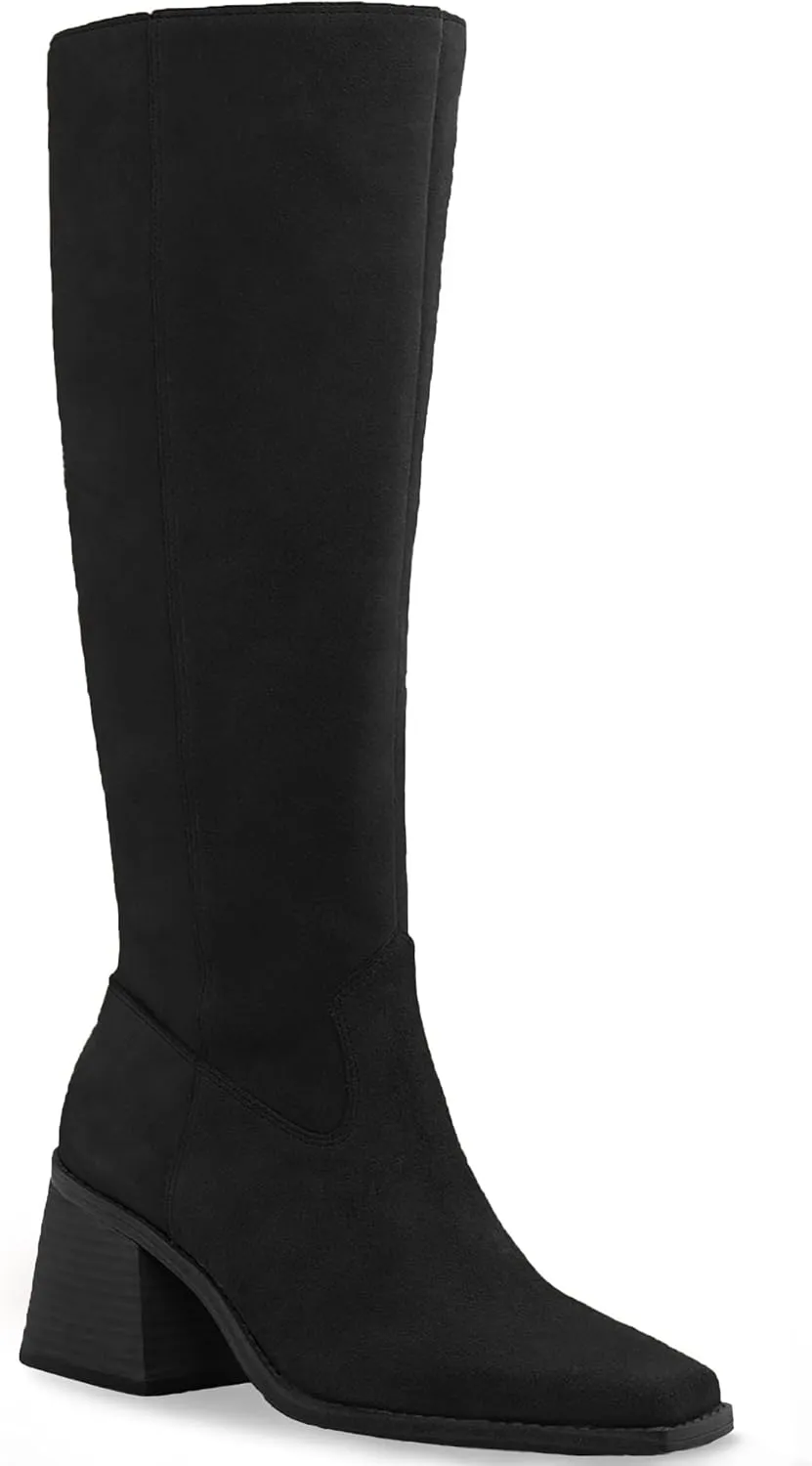 Coutgo Women's Knee High Boots Wide Calf Square Toe Chunky Heeled Pull-on Boot
