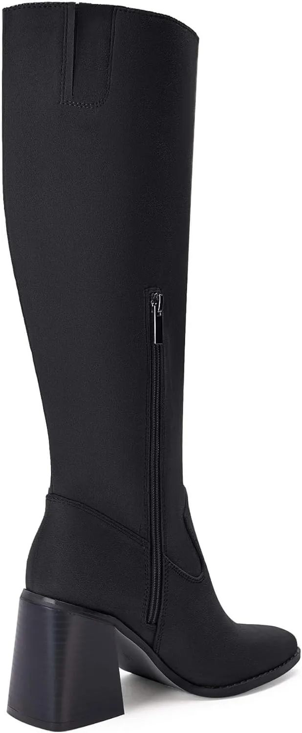 Coutgo Women's Knee High Boots Wide Calf Square Toe Chunky Heeled Pull-on Boot