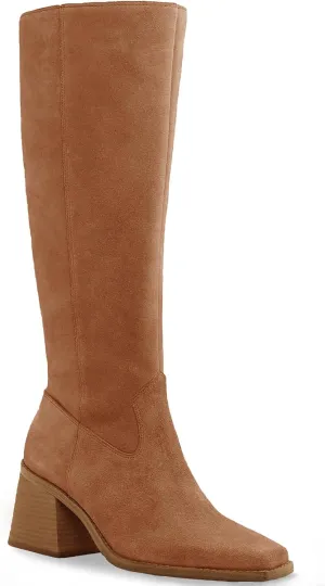 Coutgo Women's Knee High Boots Wide Calf Square Toe Chunky Heeled Pull-on Boot