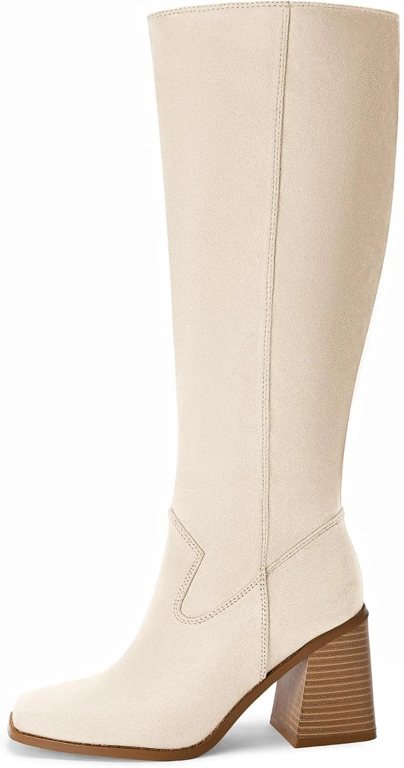 Coutgo Women's Knee High Boots Wide Calf Square Toe Chunky Heeled Pull-on Boot