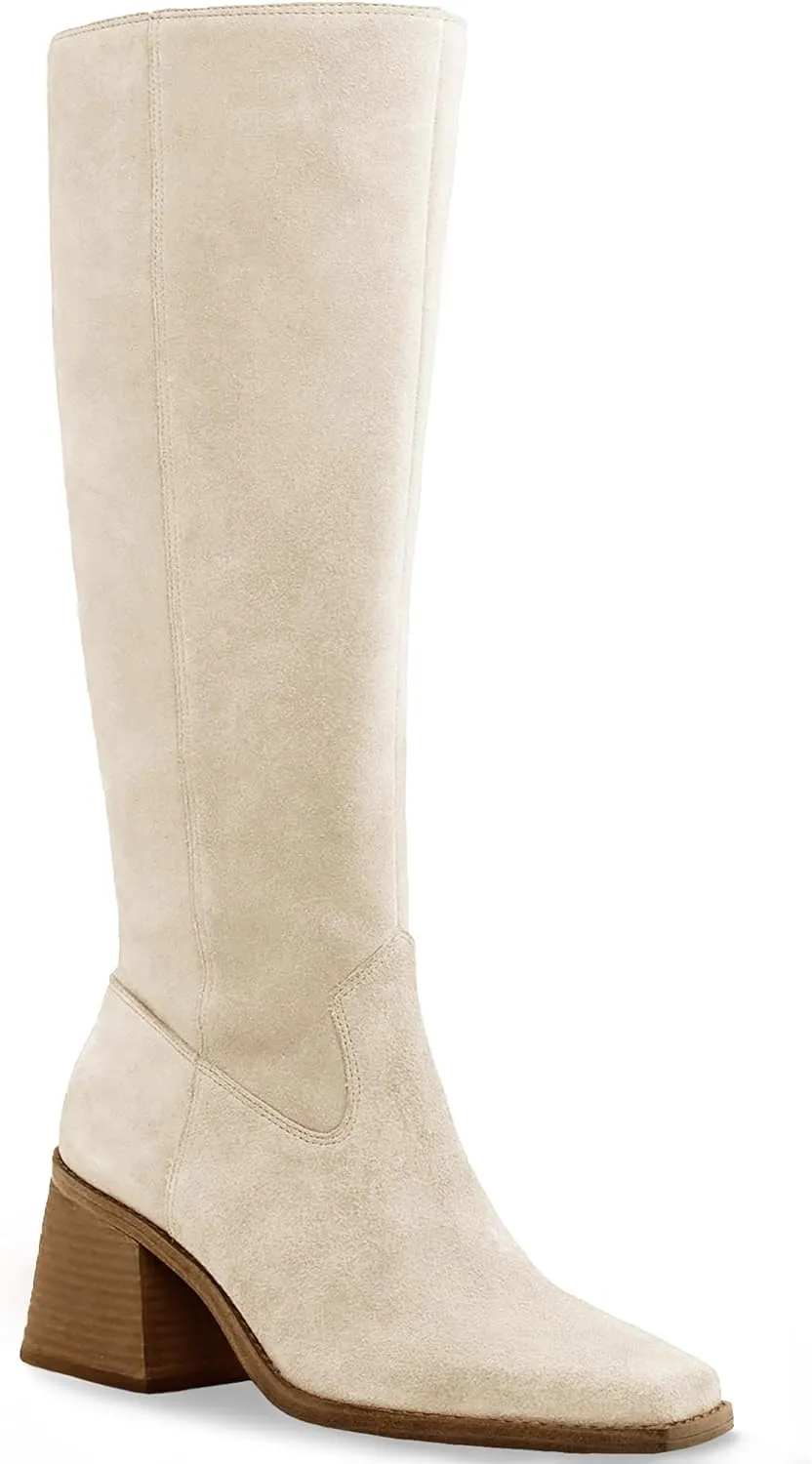 Coutgo Women's Knee High Boots Wide Calf Square Toe Chunky Heeled Pull-on Boot