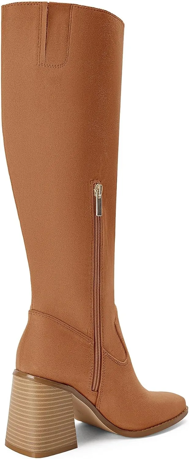 Coutgo Women's Knee High Boots Wide Calf Square Toe Chunky Heeled Pull-on Boot