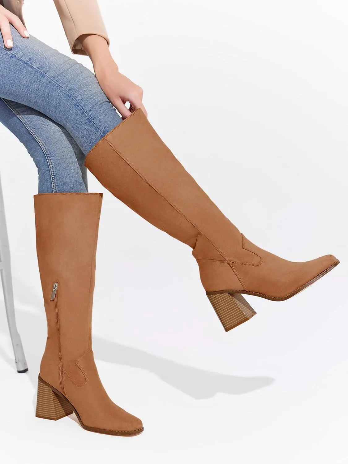 Coutgo Women's Knee High Boots Wide Calf Square Toe Chunky Heeled Pull-on Boot