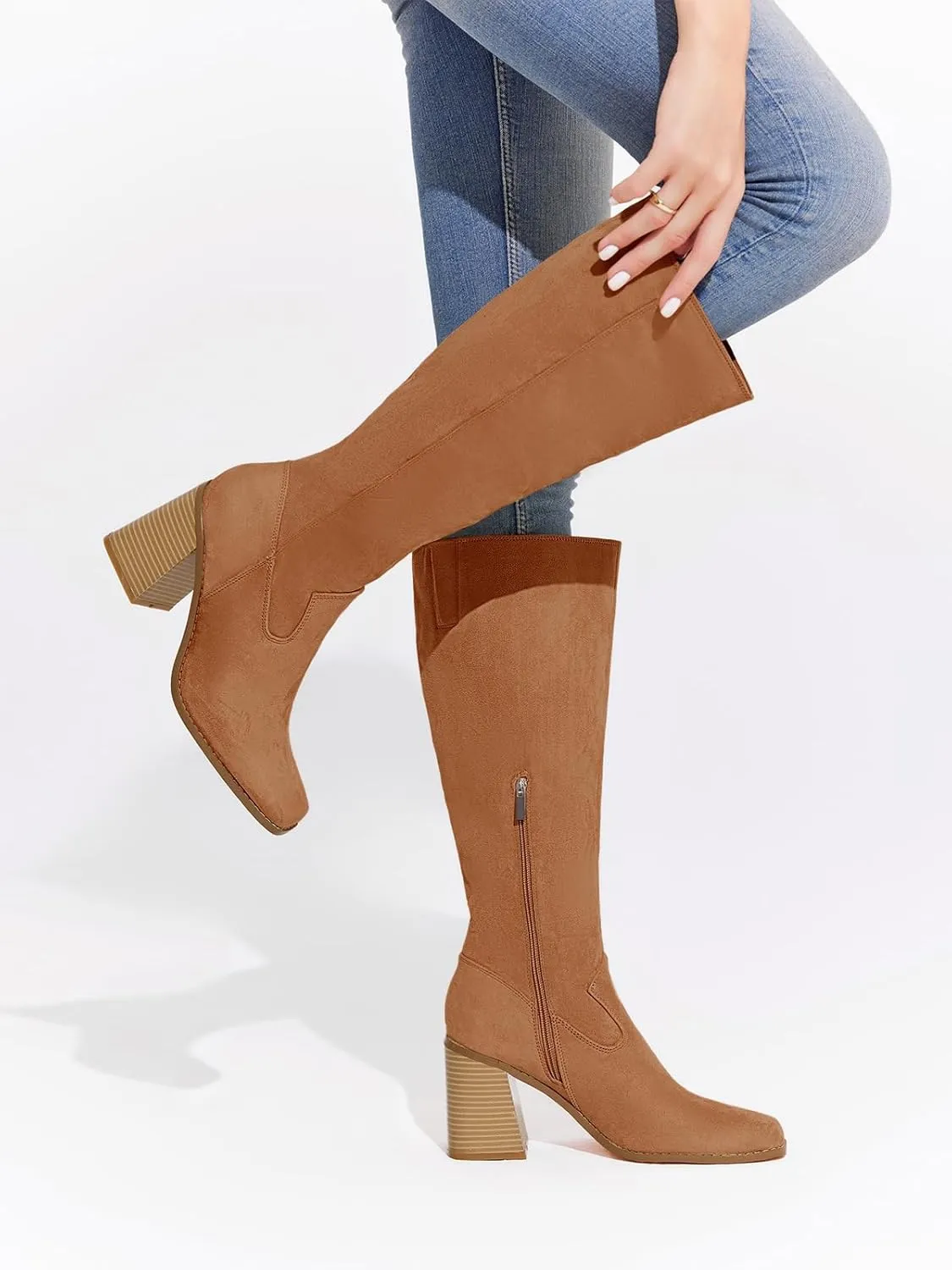 Coutgo Women's Knee High Boots Wide Calf Square Toe Chunky Heeled Pull-on Boot