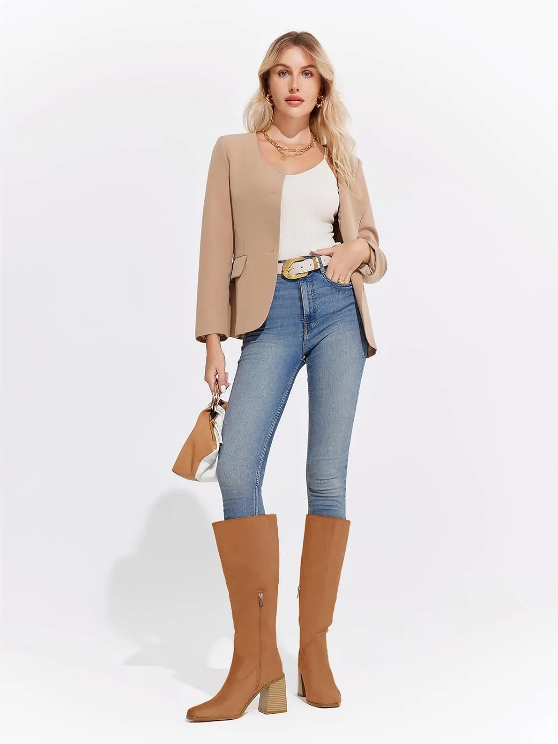 Coutgo Women's Knee High Boots Wide Calf Square Toe Chunky Heeled Pull-on Boot