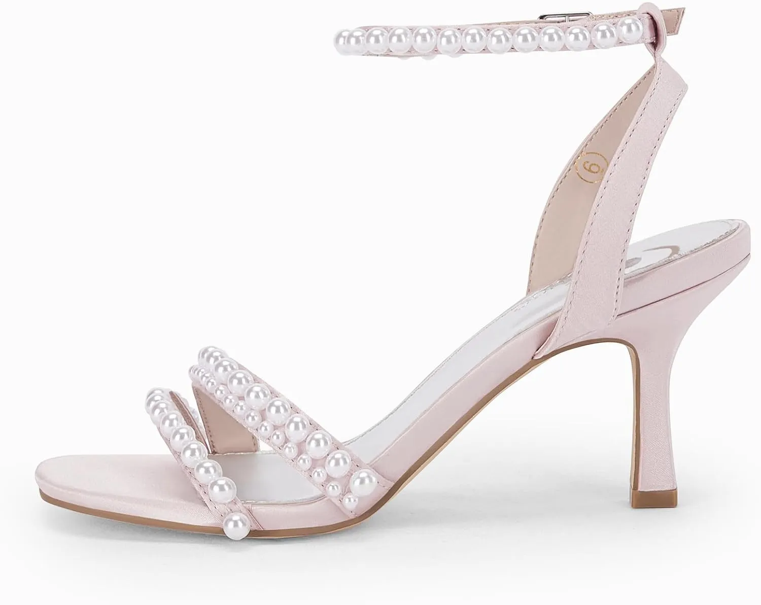 Coutgo Womens Pearl Kitten Heels Sandals Square Open Toe Dress Sandals Ankle Strap Satin Wedding Party Summer Sandals