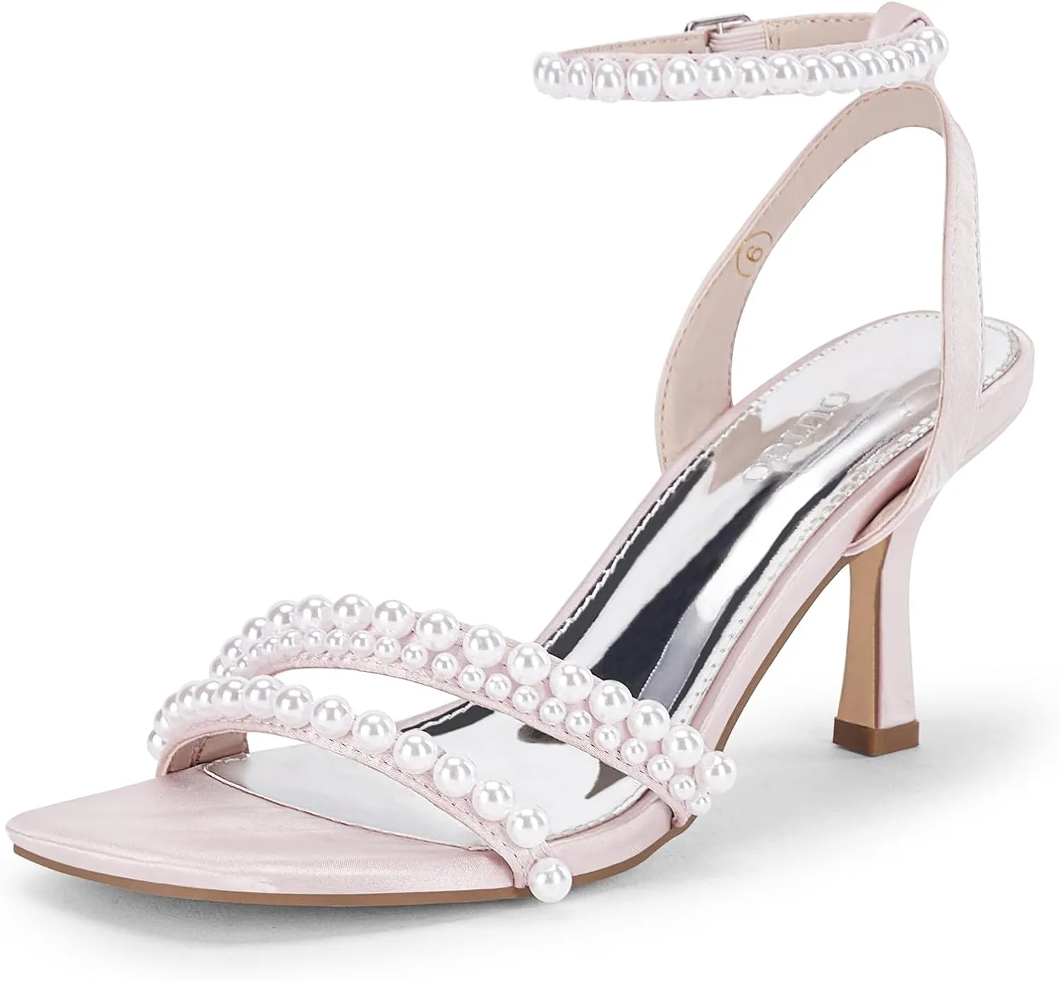 Coutgo Womens Pearl Kitten Heels Sandals Square Open Toe Dress Sandals Ankle Strap Satin Wedding Party Summer Sandals
