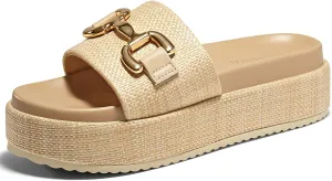 Coutgo Womens Platform Sandals Raffia Espadrilles Metal Chain Slip on Open Toe Cute Beach Slide Sandals