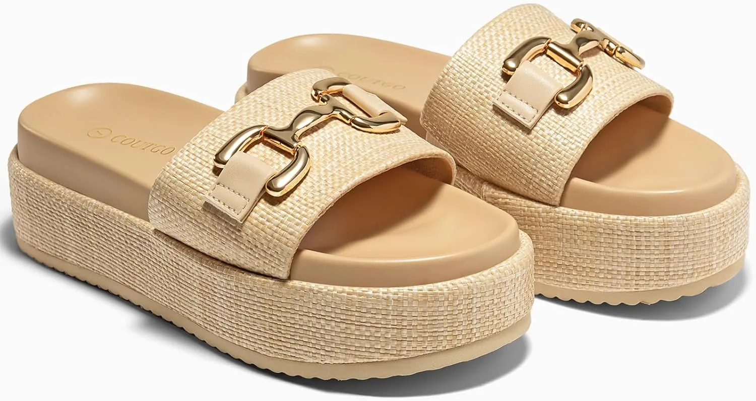 Coutgo Womens Platform Sandals Raffia Espadrilles Metal Chain Slip on Open Toe Cute Beach Slide Sandals