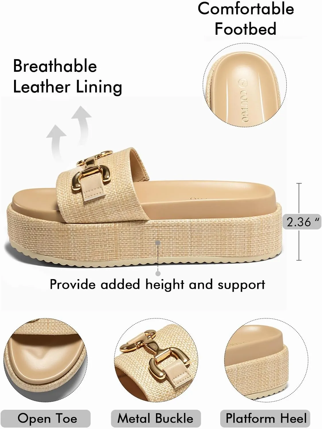 Coutgo Womens Platform Sandals Raffia Espadrilles Metal Chain Slip on Open Toe Cute Beach Slide Sandals