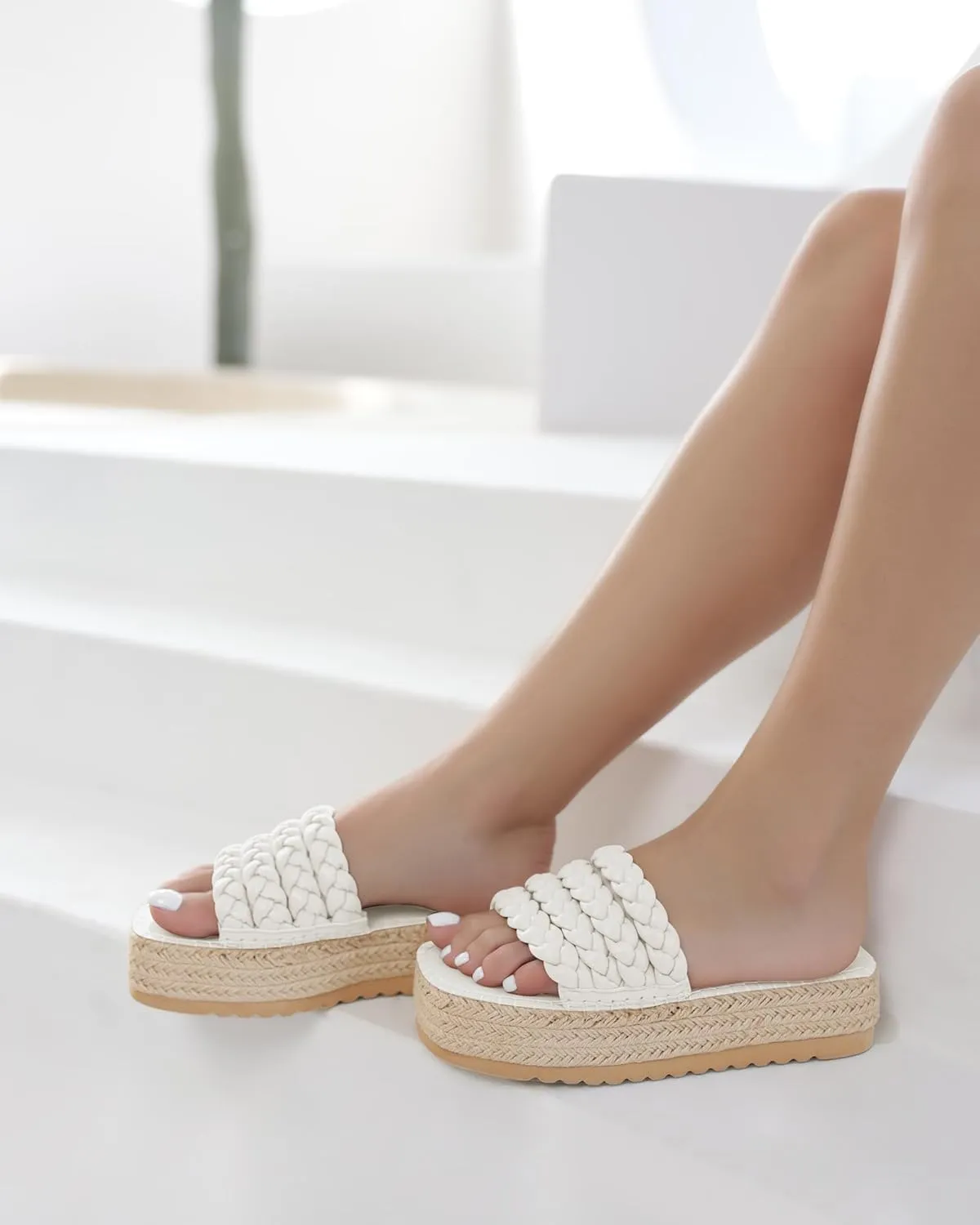 Coutgo Womens Platform Slides Sandals Espadrilles Braided Slip on Open Toe Backless Summer Dress Shoes