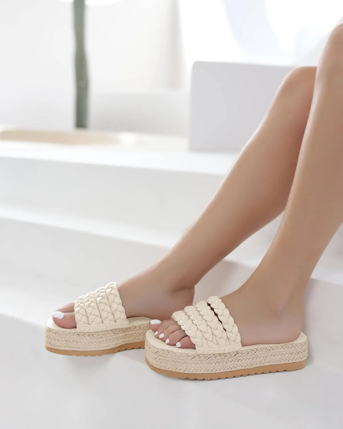 Coutgo Womens Platform Slides Sandals Espadrilles Braided Slip on Open Toe Backless Summer Dress Shoes