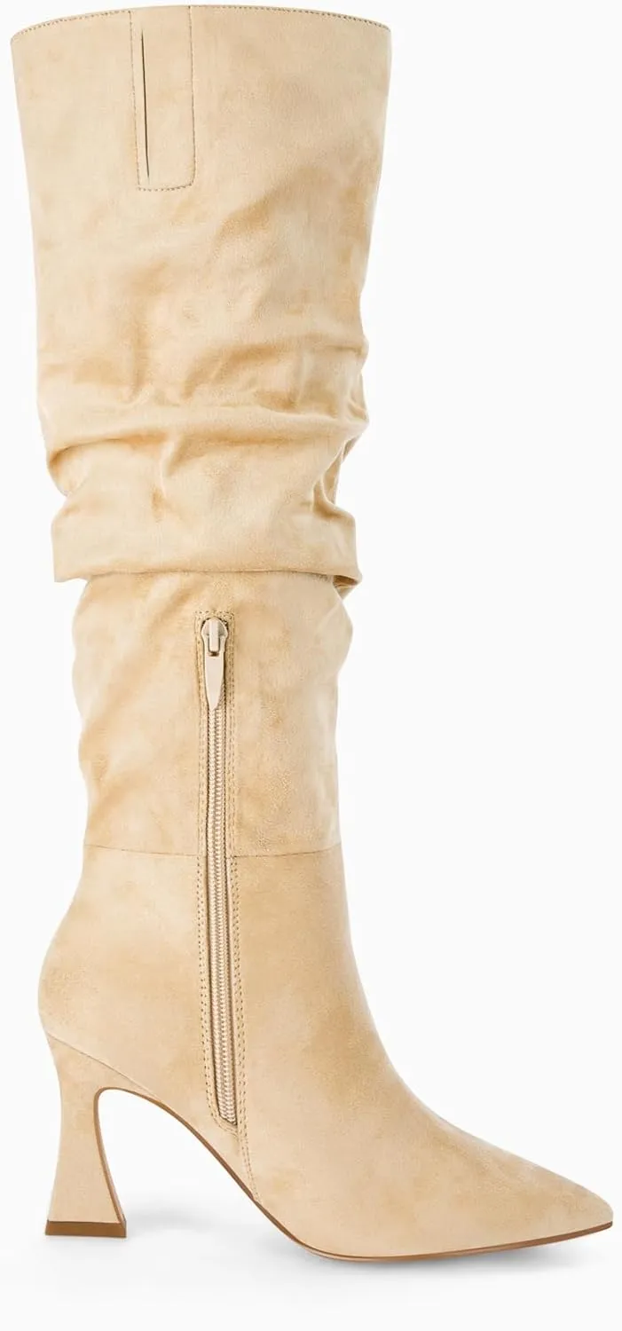 Coutgo Women's Slouchy Knee High Boots Wide Calf Pointed Toe Side Zipper Chunky Heel Long Boots Winter Shoes