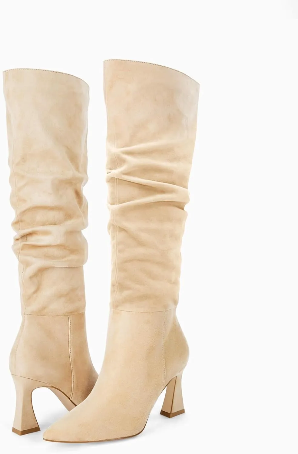 Coutgo Women's Slouchy Knee High Boots Wide Calf Pointed Toe Side Zipper Chunky Heel Long Boots Winter Shoes