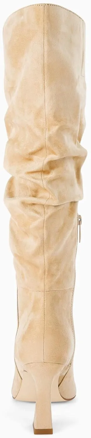 Coutgo Women's Slouchy Knee High Boots Wide Calf Pointed Toe Side Zipper Chunky Heel Long Boots Winter Shoes
