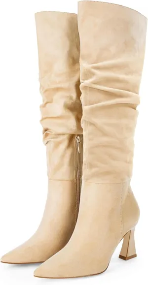 Coutgo Women's Slouchy Knee High Boots Wide Calf Pointed Toe Side Zipper Chunky Heel Long Boots Winter Shoes