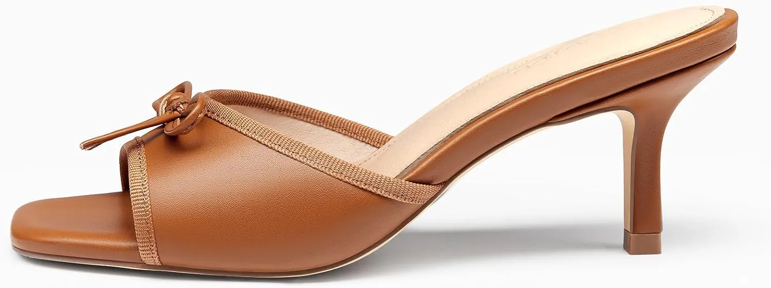 Coutgo Womens Square Open Toe Heels Mules Bow Stiletto Heel Backless Slip On Slide Sandals