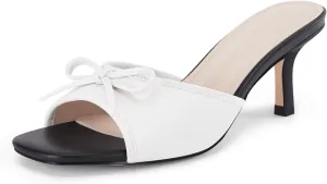 Coutgo Womens Square Open Toe Heels Mules Bow Stiletto Heel Backless Slip On Slide Sandals