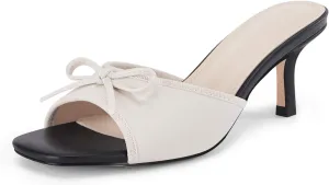Coutgo Womens Square Open Toe Heels Mules Bow Stiletto Heel Backless Slip On Slide Sandals