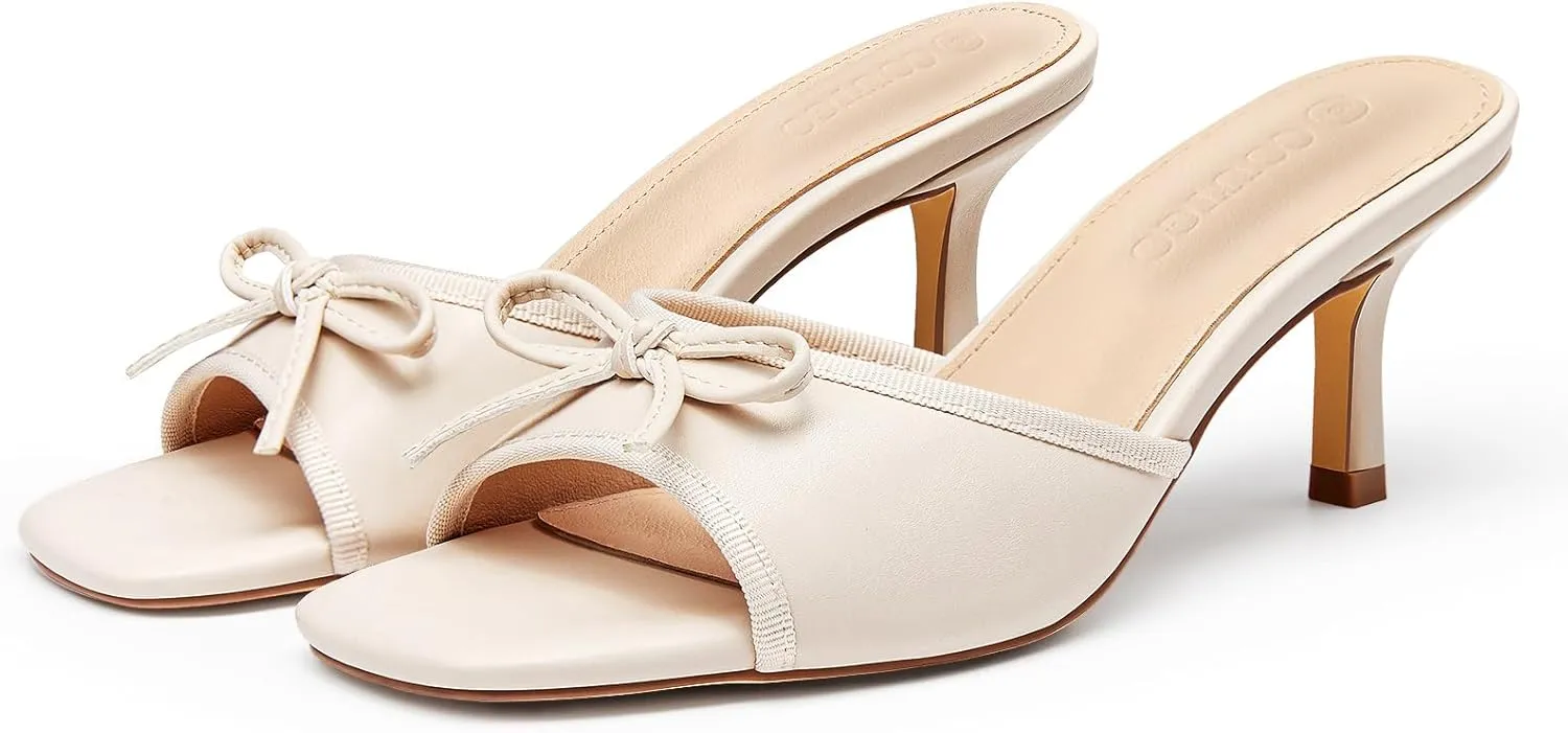 Coutgo Womens Square Open Toe Heels Mules Bow Stiletto Heel Backless Slip On Slide Sandals