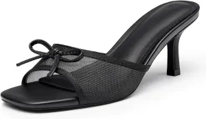 Coutgo Womens Square Open Toe Heels Mules Bow Stiletto Heel Backless Slip On Slide Sandals