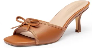 Coutgo Womens Square Open Toe Heels Mules Bow Stiletto Heel Backless Slip On Slide Sandals