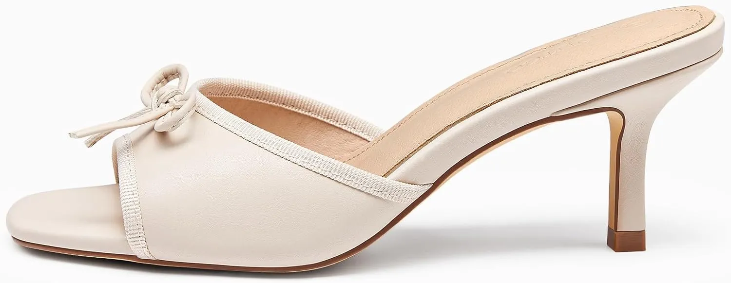 Coutgo Womens Square Open Toe Heels Mules Bow Stiletto Heel Backless Slip On Slide Sandals