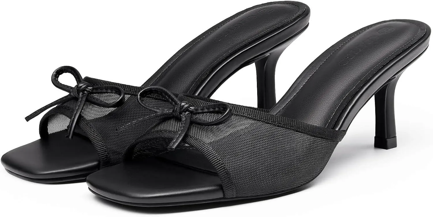 Coutgo Womens Square Open Toe Heels Mules Bow Stiletto Heel Backless Slip On Slide Sandals