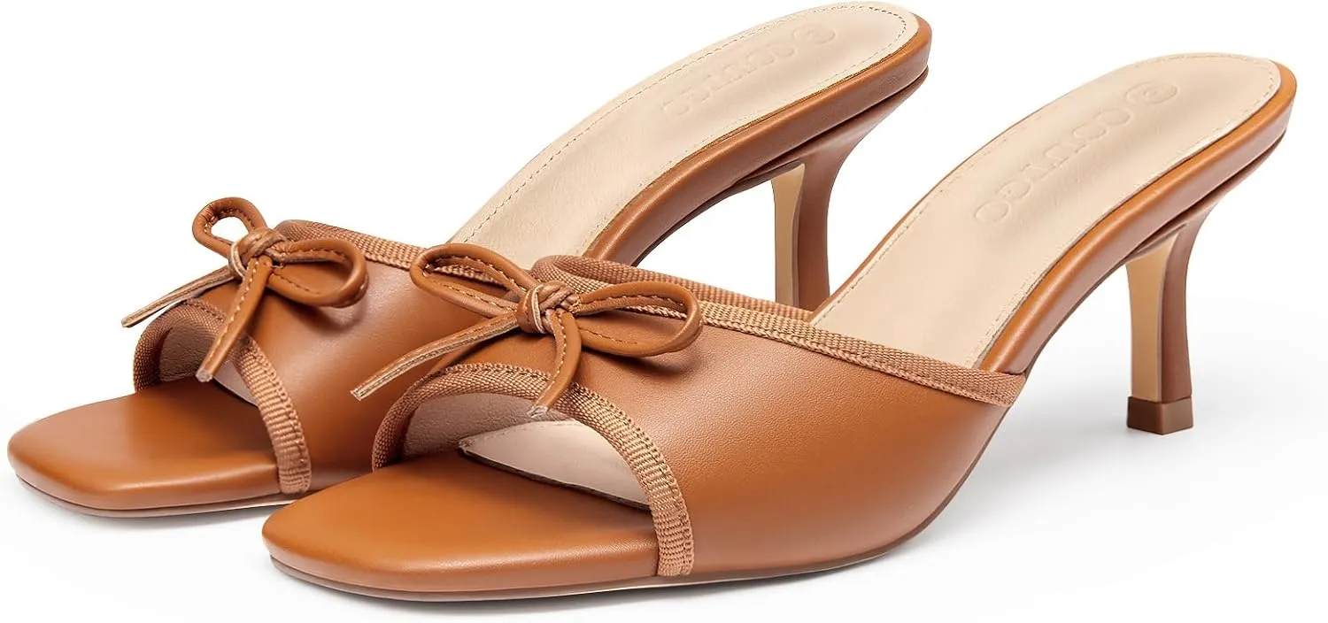 Coutgo Womens Square Open Toe Heels Mules Bow Stiletto Heel Backless Slip On Slide Sandals