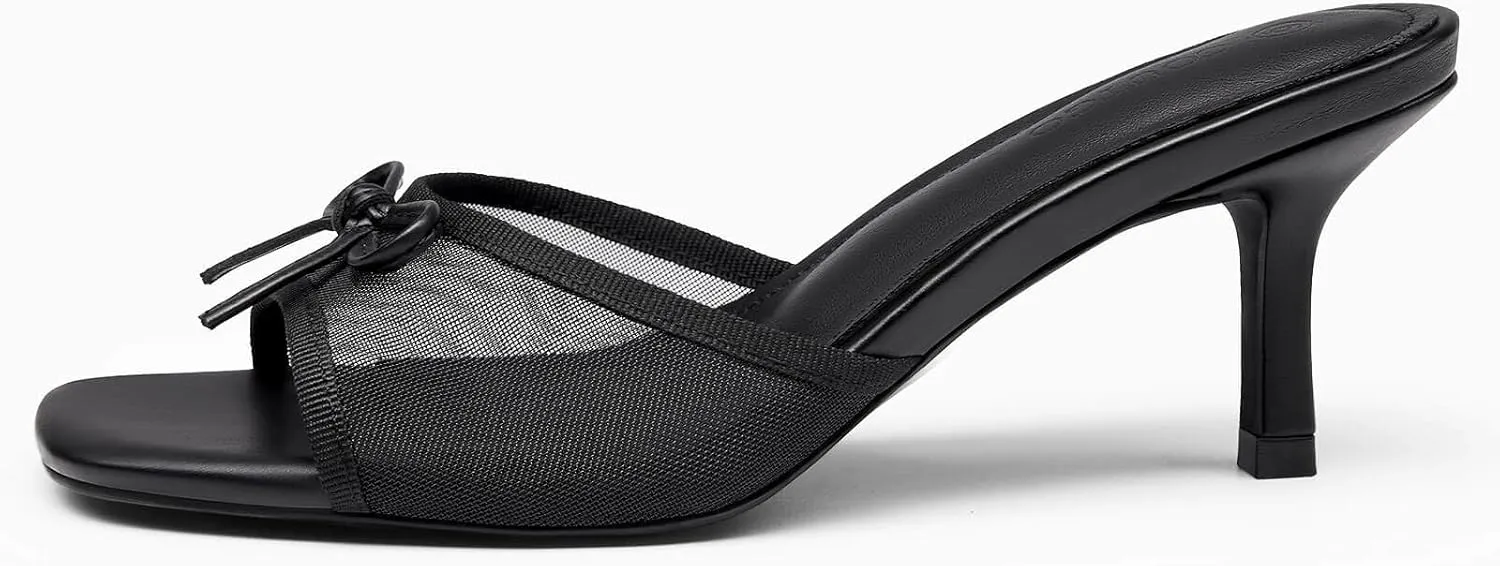 Coutgo Womens Square Open Toe Heels Mules Bow Stiletto Heel Backless Slip On Slide Sandals