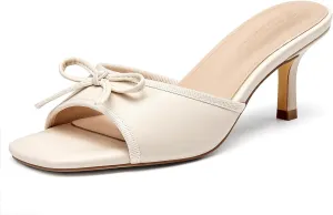 Coutgo Womens Square Open Toe Heels Mules Bow Stiletto Heel Backless Slip On Slide Sandals