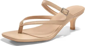 Coutgo Womens Strappy Kitten Heels Flip Flops Square Open Toe Low Heels Fashion Party Dress Thong Heeled Sandals