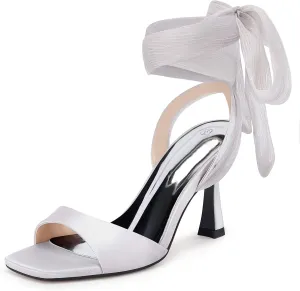 Coutgo Womens Strappy Kitten Heels Sandals Lace Up Square Open Toe High Heels Satin Summer Dress Shoes