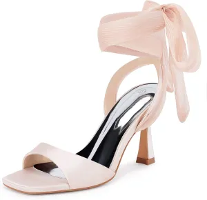 Coutgo Womens Strappy Kitten Heels Sandals Lace Up Square Open Toe High Heels Satin Summer Dress Shoes