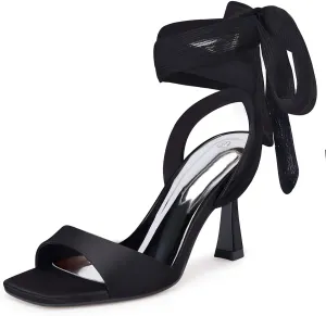 Coutgo Womens Strappy Kitten Heels Sandals Lace Up Square Open Toe High Heels Satin Summer Dress Shoes